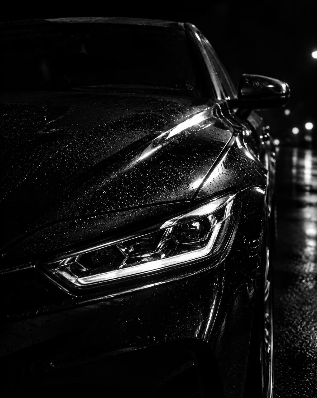 Detal przedniego reflektora i maski samochodu w dramatycznym świetle, fotografia czarno-biała