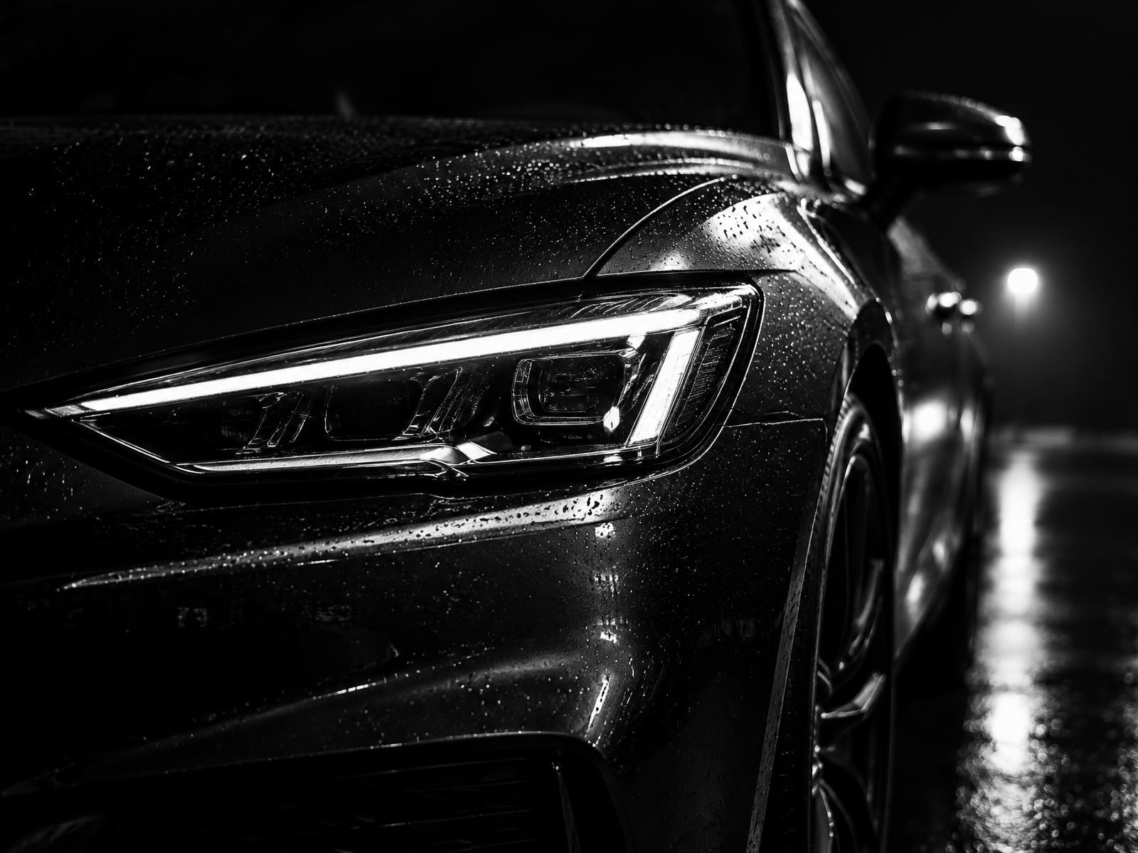 Detal przedniego reflektora samochodu nocą, fotografia czarno-biała